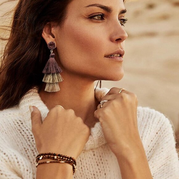 Colorful Layered Tassel Earrings Bohemian Statement Tiered Tassel Big Dangle Dro - Picture 2 of 6